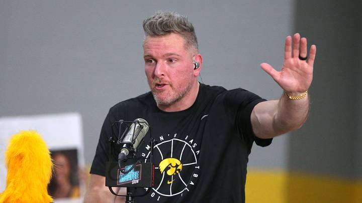 Pat McAfee dons an Iowa basketball t-shirt, gifted by Iowa women’s basketball coach Lisa Bluder, during his show Friday, March 22, 2024 from the Field House in Iowa City, Iowa. Pat McAfee dons an Iowa basketball t-shirt, gifted by Iowa women’s basketball coach Lisa Bluder, during his show Friday, March 22, 2024 from the Field House in Iowa City, Iowa.