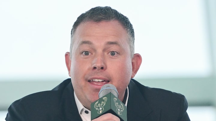 Milwaukee Bucks general manager Jon Horst speaks at a press conference at Milwaukee Art Museum on May 6, 2026.  