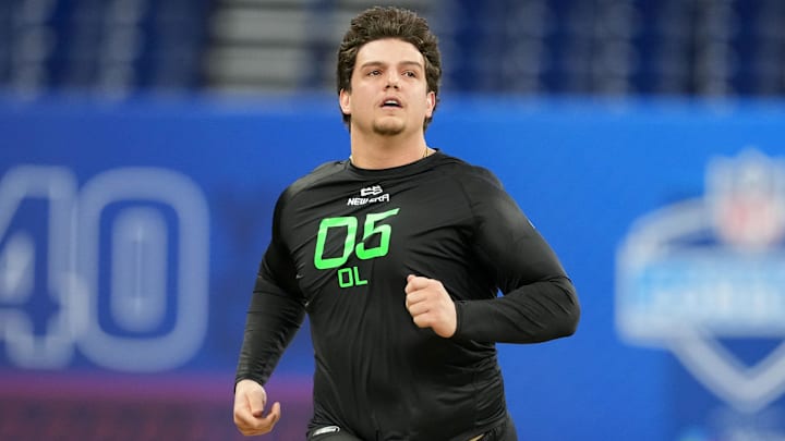 Mar 2, 2025; Indianapolis, IN, USA; LSU offensive lineman Will Campbell (OL05) during the 2025 NFL Scouting Combine at Lucas Oil Stadium. Mandatory Credit: Kirby Lee-Imagn Images