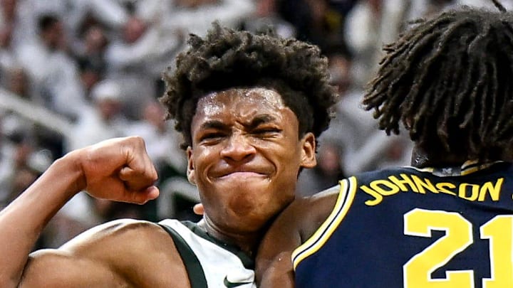 Michigan State's Jeremy Fears Jr., left, celebrates next to Michigan's Morez Johnson Jr. after a score during the second half on Friday, Jan. 30, 2026, at the Breslin Center in East Lansing. Michigan State's Jeremy Fears Jr., left, celebrates next to Michigan's Morez Johnson Jr. after a score during the second half on Friday, Jan. 30, 2026, at the Breslin Center in East Lansing.