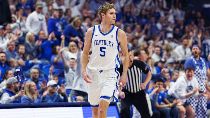 Feb 28, 2026; Lexington, Kentucky, USA; Kentucky Wildcats guard Collin Chandler (5) reacts after making a three point basket during the first half against the Vanderbilt Commodores at Rupp Arena at Central Bank Center. Mandatory Credit: Jordan Prather-Imagn Images