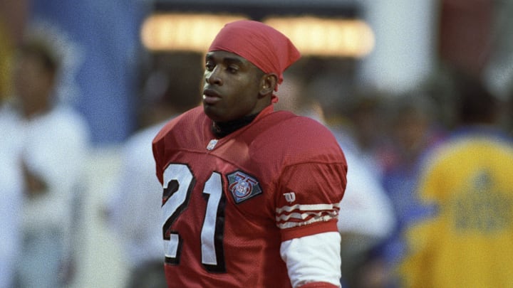 Jan 29, 1995; Miami, FL, USA; FILE PHOTO; San Francisco 49ers cornerback Deion Sanders (21) on the field prior to Super Bowl XXIX against the San Diego Chargers at Joe Robbie Stadium. San Francisco defeated San Diego 49-26. Mandatory Credit: Manny Rubio-Imagn Images