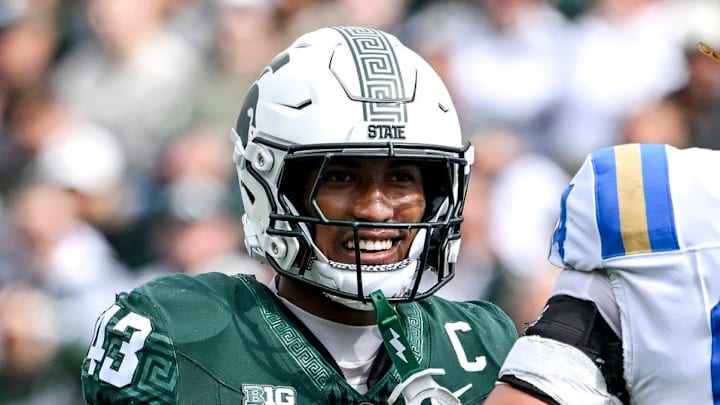 Michigan State's Malik Spencer celebrates after a tackle for a loss against UCLA during the second quarter on Saturday, Oct. 11, 2025, at Spartan Stadium in East Lansing.
