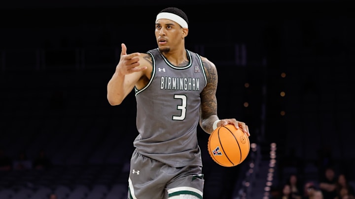 Mar 15, 2025; Fort Worth, TX, USA;  UAB Blazers forward Yaxel Lendeborg (3) dribbles the ball upcourt against the North Texas Mean Green during the first half at Dickies Arena. Mandatory Credit: Chris Jones-Imagn Images