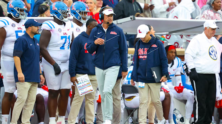 Oct 25, 2025; Norman, Oklahoma, USA; Ole Miss Rebels head coach Lane Kiffin during the game against the Oklahoma Sooners at Gaylord Family-Oklahoma Memorial Stadium. Mandatory Credit: Kevin Jairaj-Imagn Images Oct 25, 2025; Norman, Oklahoma, USA; Ole Miss Rebels head coach Lane Kiffin during the game against the Oklahoma Sooners at Gaylord Family-Oklahoma Memorial Stadium. Mandatory Credit: Kevin Jairaj-Imagn Images