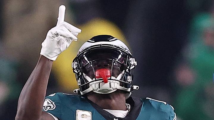 Nov 16, 2025; Philadelphia, Pennsylvania, USA; Philadelphia Eagles wide receiver A.J. Brown (11) reacts after making a catch against Detroit Lions cornerback Rock Ya-Sin (23)  during the first half at Lincoln Financial Field. Mandatory Credit: Bill Streicher-Imagn Images