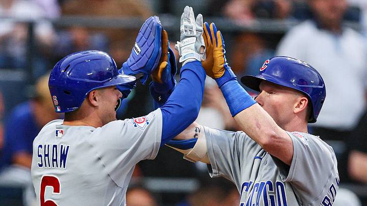 Jun 23, 2026; New York City, New York, USA; Chicago Cubs center fielder Pete Crow-Armstrong (4) celebrates with right fielder Matt Shaw (6) after hitting a three run home run second inning against the New York Mets at Citi Field. Mandatory Credit: Vincent Carchietta-Imagn Images
