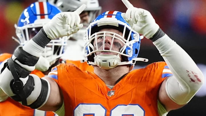 Nov 6, 2025; Denver, Colorado, USA; Denver Broncos defensive end Zach Allen (99) reacts against the Las Vegas Raiders during the first half at Empower Field at Mile High. Mandatory Credit: Ron Chenoy-Imagn Images Nov 6, 2025; Denver, Colorado, USA; Denver Broncos defensive end Zach Allen (99) reacts against the Las Vegas Raiders during the first half at Empower Field at Mile High. Mandatory Credit: Ron Chenoy-Imagn Images