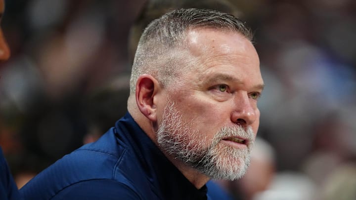 Apr 6, 2025; Denver, Colorado, USA; Denver Nuggets head coach Michael Malone during the second quarter against the Indiana Pacers at Ball Arena. Mandatory Credit: Ron Chenoy-Imagn Images
