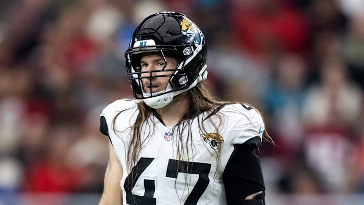 Nov 23, 2025; Glendale, Arizona, USA; Jacksonville Jaguars linebacker Dennis Gardeck (47) against the Arizona Cardinals at State Farm Stadium. Mandatory Credit: Mark J. Rebilas-Imagn Images