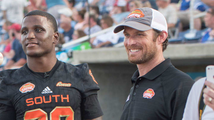 Jim Nagy (right) with the Senior Bowl in 2019.