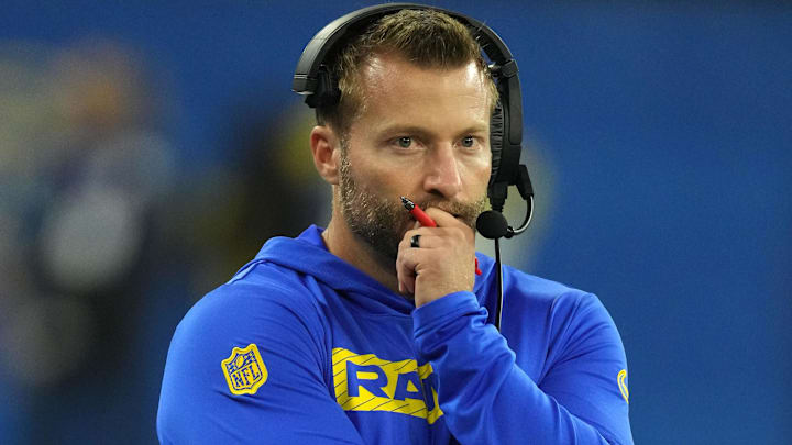 Oct 24, 2024; Inglewood, California, USA; Los Angeles Rams coach Sean McVay reacts against the Minnesota Vikings in the second half at SoFi Stadium. Mandatory Credit: Kirby Lee-Imagn Images