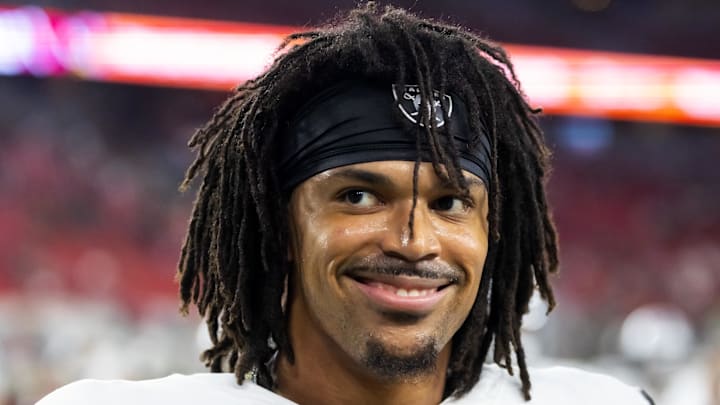 Aug 23, 2025; Glendale, Arizona, USA; Las Vegas Raiders cornerback Darien Porter (26) against the Arizona Cardinals during a preseason NFL game at State Farm Stadium. Mandatory Credit: Mark J. Rebilas-Imagn Images