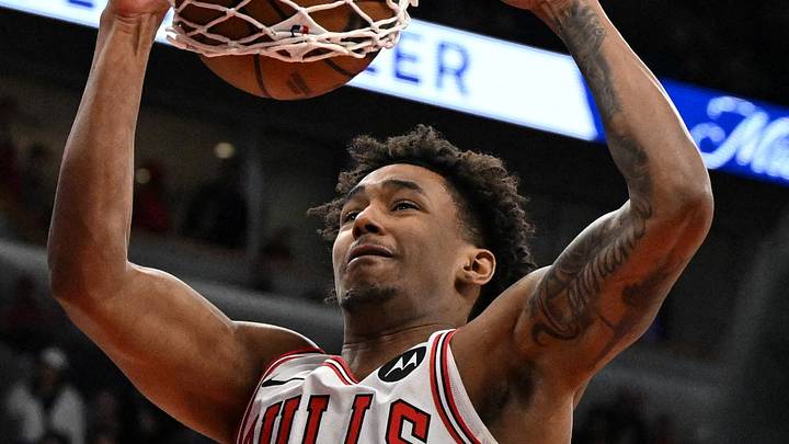 Oct 9, 2026; Chicago, Illinois, USA;  Chicago Bulls guard Dailyn Swain (5) scores during the first half against the Memphis Grizzlies at United Center.  Mandatory Credit: Matt Marton-Imagn Images     TPX IMAGES OF THE DAY