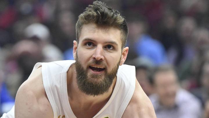 Jan 20, 2025; Cleveland, Ohio, USA; Cleveland Cavaliers forward Dean Wade (32) reacts in the first quarter against the Phoenix Suns at Rocket Mortgage FieldHouse. Mandatory Credit: David Richard-Imagn Images