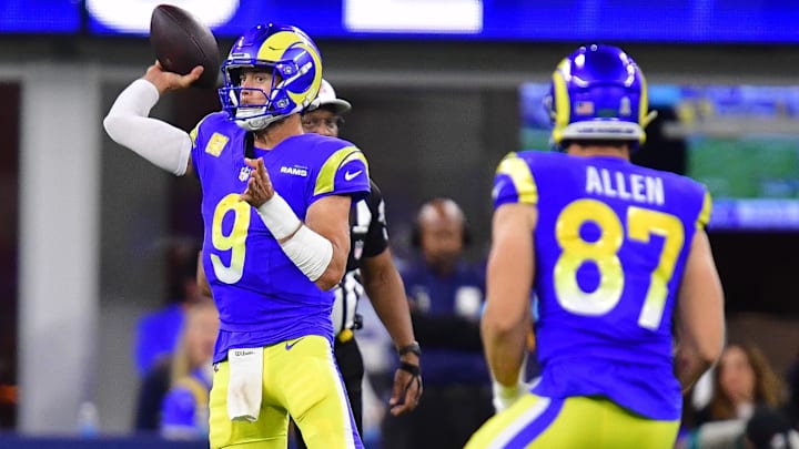 Nov 11, 2024; Inglewood, California, USA; Los Angeles Rams quarterback Matthew Stafford (9) throws against the Miami Dolphins during the second half at SoFi Stadium. Mandatory Credit: Gary A. Vasquez-Imagn Images