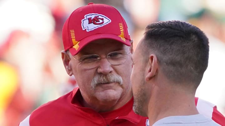 Nov 7, 2021; Kansas City, Missouri, USA; Kansas City Chiefs head coach Andy Reid talks with Green Bay Packers head coach Matt LaFleur before the game at GEHA Field at Arrowhead Stadium. Mandatory Credit: Denny Medley-Imagn Images
