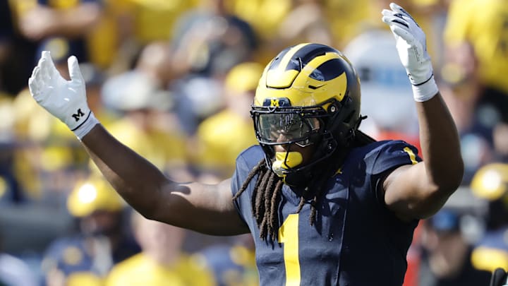 Michigan Wolverines linebacker Jaishawn Barham reacts in the second half against the Wisconsin Badgers.