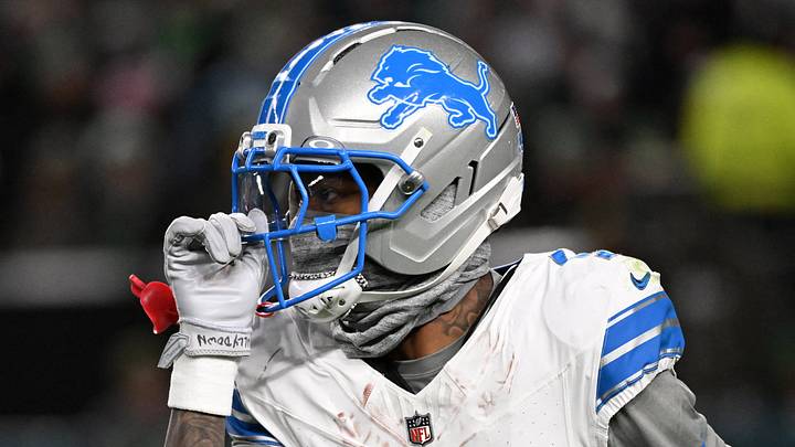 Nov 16, 2025; Philadelphia, Pennsylvania, USA; Detroit Lions wide receiver Jameson Williams (1) reacts after scoring a touchdown against the Philadelphia Eagles during the first half at Lincoln Financial Field. Mandatory Credit: Eric Hartline-Imagn Images
