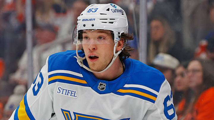 Jan 18, 2026; Edmonton, Alberta, CAN; St. Louis Blues forward Jake Neighbours (63) follows the play against the Edmonton Oilers at Rogers Place. Mandatory Credit: Perry Nelson-Imagn Images Jan 18, 2026; Edmonton, Alberta, CAN; St. Louis Blues forward Jake Neighbours (63) follows the play against the Edmonton Oilers at Rogers Place. Mandatory Credit: Perry Nelson-Imagn Images