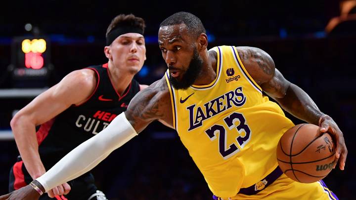 Jan 3, 2024; Los Angeles, California, USA; Los Angeles Lakers forward LeBron James (23) moves to the basket against Miami Heat guard Tyler Herro (14) during the second half at Crypto.com Arena. Mandatory Credit: Gary A. Vasquez-Imagn Images Jan 3, 2024; Los Angeles, California, USA; Los Angeles Lakers forward LeBron James (23) moves to the basket against Miami Heat guard Tyler Herro (14) during the second half at Crypto.com Arena. Mandatory Credit: Gary A. Vasquez-Imagn Images