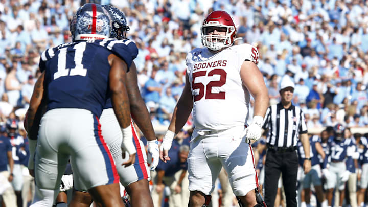 Oklahoma center Troy Everett before a play against Ole Miss. Oklahoma center Troy Everett before a play against Ole Miss.