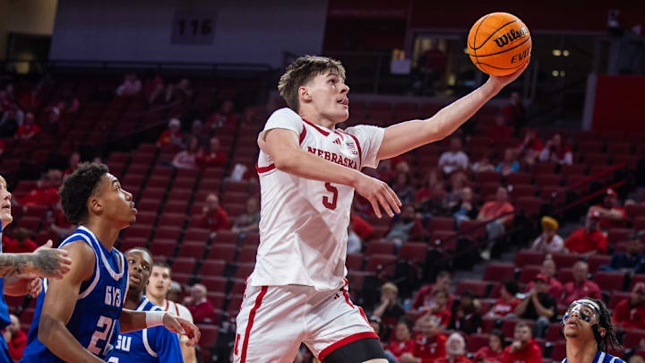 Nebraska basketball forward Braden Frager (5) shoots against Grand Valley State.