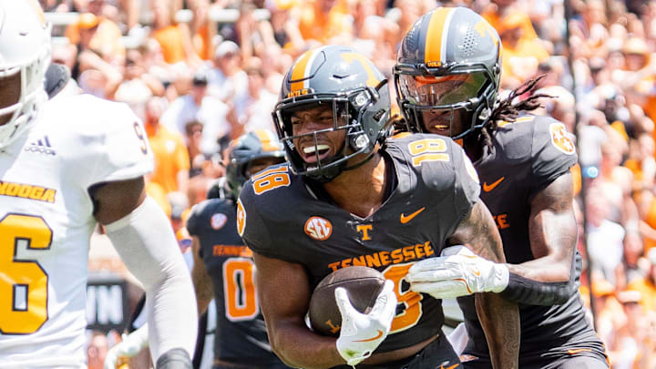 Tennessee running back DeSean Bishop (18) celebrates after a big run during Tennessee's game against Chattanooga in Neyland Stadium in Knoxville on Saturday, Aug. 31, 2024.