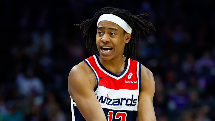 Jan 16, 2026; Sacramento, California, USA; Washington Wizards guard Tre Johnson (12) reacts after a play during the second quarter against the Sacramento Kings at Golden 1 Center. Mandatory Credit: Sergio Estrada-Imagn Images