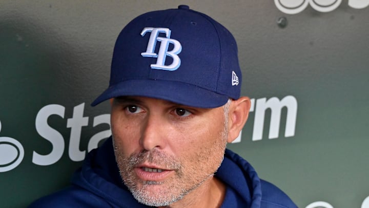 Sep 13, 2025; Chicago, Illinois, USA; Tampa Bay Rays manager Kevin Cash (16) answers questions from the media prior to a game against the Chicago Cubs at Wrigley Field. 