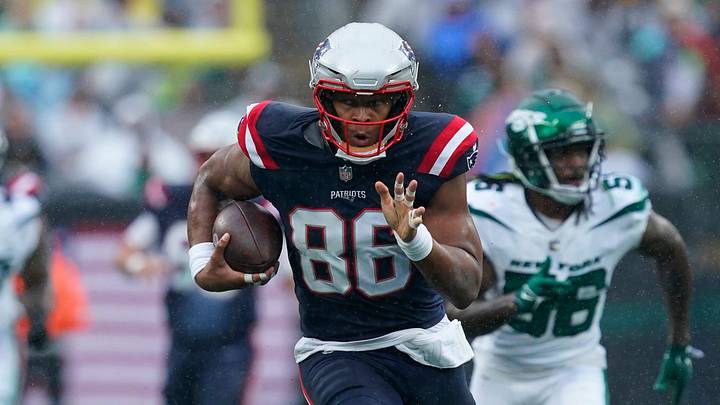 New England Patriots tight end Pharaoh Brown on his way to a touchdown against the New York Jets in the first half of a regular season game at MetLife Stadium on Sunday, Sept. 24, 2023, in East Rutherford.