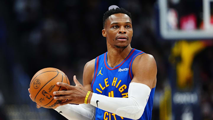 Nov 8, 2024; Denver, Colorado, USA; Denver Nuggets guard Russell Westbrook (4) during the first quarter against the Miami Heat at Ball Arena. Mandatory Credit: Ron Chenoy-Imagn Images Nov 8, 2024; Denver, Colorado, USA; Denver Nuggets guard Russell Westbrook (4) during the first quarter against the Miami Heat at Ball Arena. Mandatory Credit: Ron Chenoy-Imagn Images