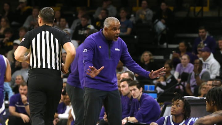 Kansas State   s coach Jerome Tang talks to his team while playing Iowa in a first-round NIT game Tuesday, March 19, 2024 at Carver-Hawkeye Arena in Iowa City, Iowa.
