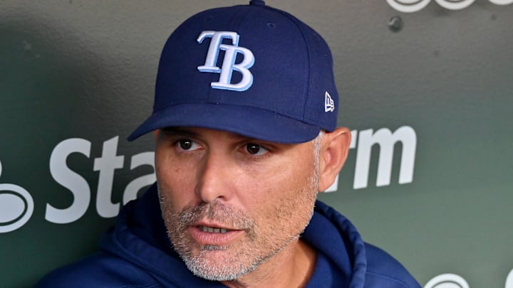 Sep 13, 2025; Chicago, Illinois, USA; Tampa Bay Rays manager Kevin Cash (16) answers questions from the media prior to a game against the Chicago Cubs at Wrigley Field. 