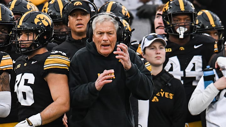 Nov 22, 2025; Iowa City, Iowa, USA; Iowa Hawkeyes head coach Kirk Ferentz reacts during the second quarter against the Michigan State Spartans at Kinnick Stadium. Mandatory Credit: Jeffrey Becker-Imagn Images