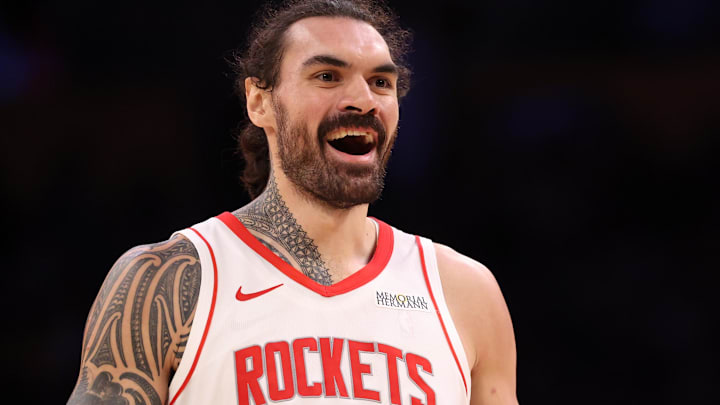Houston Rockets center Steven Adams (12) reacts to a play during the third quarter against the Los Angeles Lakers at Crypto.com Arena.