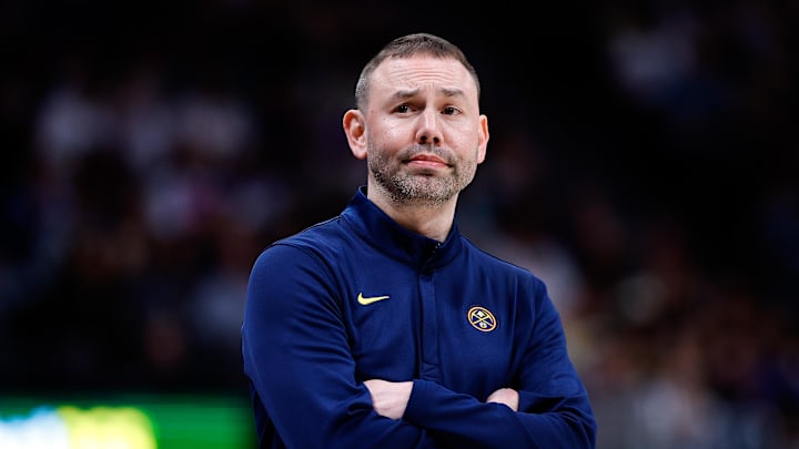 Apr 8, 2026; Denver, Colorado, USA; Denver Nuggets head coach David Adelman looks on in the second quarter against the Memphis Grizzlies at Ball Arena.