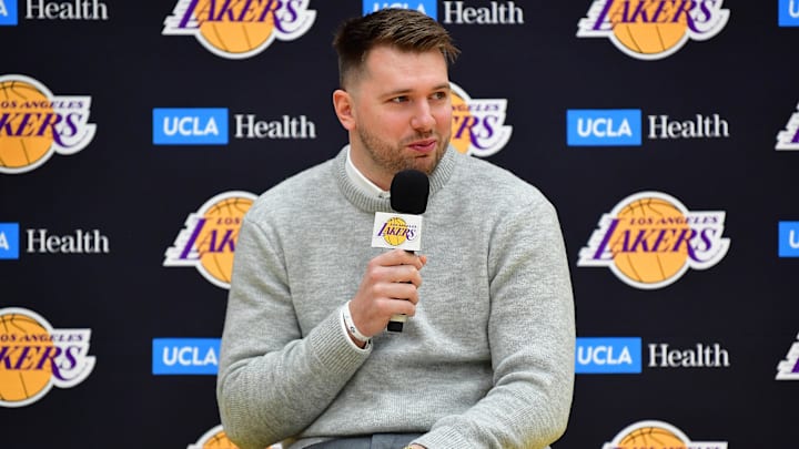 Feb 4, 2025; El Segundo, CA, USA; Los Angeles Lakers guard Luka Doncic is introduced at UCLA Health Training Center. Mandatory Credit: Gary A. Vasquez-Imagn Images