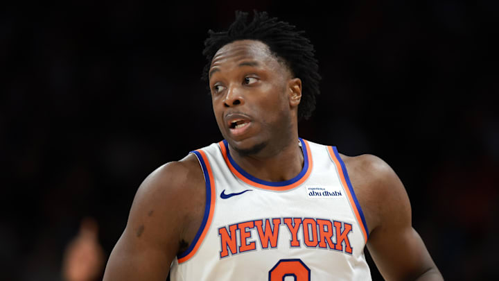 Jan 9, 2026; Phoenix, Arizona, USA; New York Knicks forward OG Anunoby (8) against the Phoenix Suns at Mortgage Matchup Center. Mandatory Credit: Mark J. Rebilas-Imagn Images