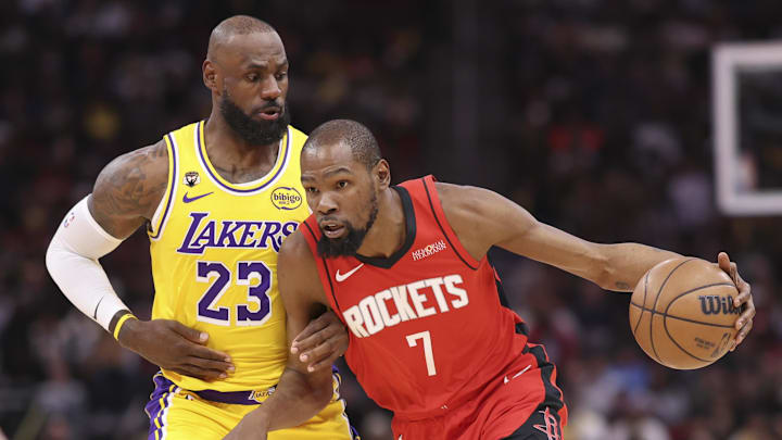 Mar 16, 2026; Houston, Texas, USA; Houston Rockets forward Kevin Durant (7) dribbles the ball as Los Angeles Lakers forward LeBron James (23) defends during the first quarter at Toyota Center. Mandatory Credit: Troy Taormina-Imagn Images Mar 16, 2026; Houston, Texas, USA; Houston Rockets forward Kevin Durant (7) dribbles the ball as Los Angeles Lakers forward LeBron James (23) defends during the first quarter at Toyota Center. Mandatory Credit: Troy Taormina-Imagn Images