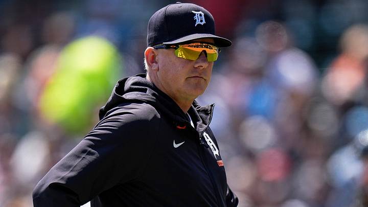 Detroit Tigers manager A.J. Hinch (14) walks off the field after a pitching change. Credit