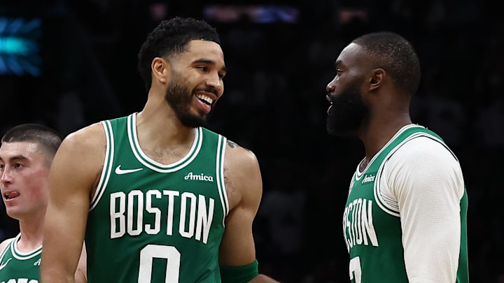 Mar 6, 2026; Boston, Massachusetts, USA; Boston Celtics forward Jayson Tatum (0) has a laugh with guard Jaylen Brown (7) during the second half against the Dallas Mavericks at TD Garden. Mandatory Credit: Winslow Townson-Imagn Images