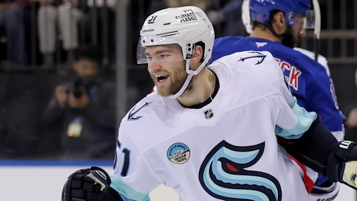 Jan 12, 2026; New York, New York, USA; Seattle Kraken center Shane Wright (51) celebrates his goal against the New York Rangers during the third period at Madison Square Garden. Mandatory Credit: Brad Penner-Imagn Images