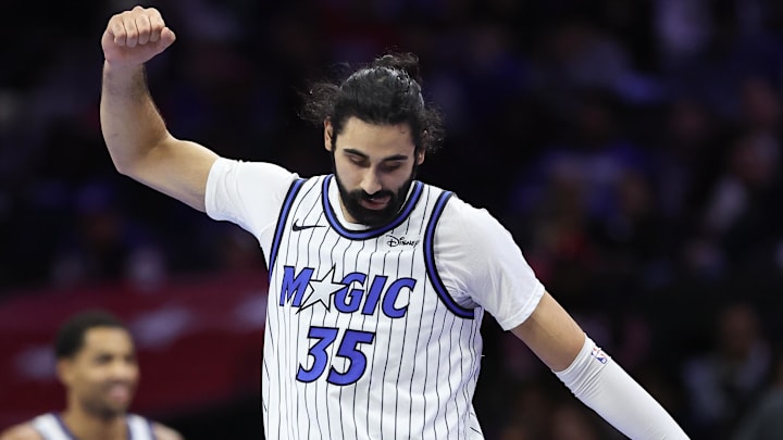 Nov 25, 2025; Philadelphia, Pennsylvania, USA; Orlando Magic center Goga Bitadze (35) reacts after his score against the Philadelphia 76ers during the third quarter at Xfinity Mobile Arena. Mandatory Credit: Bill Streicher-Imagn Images Nov 25, 2025; Philadelphia, Pennsylvania, USA; Orlando Magic center Goga Bitadze (35) reacts after his score against the Philadelphia 76ers during the third quarter at Xfinity Mobile Arena. Mandatory Credit: Bill Streicher-Imagn Images