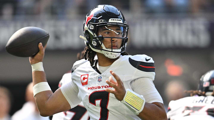 Sep 22, 2024; Minneapolis, Minnesota, USA; Houston Texans quarterback C.J. Stroud (7) throws a pass against the Minnesota Vikings during the second quarter at U.S. Bank Stadium. Mandatory Credit: Jeffrey Becker-Imagn Images