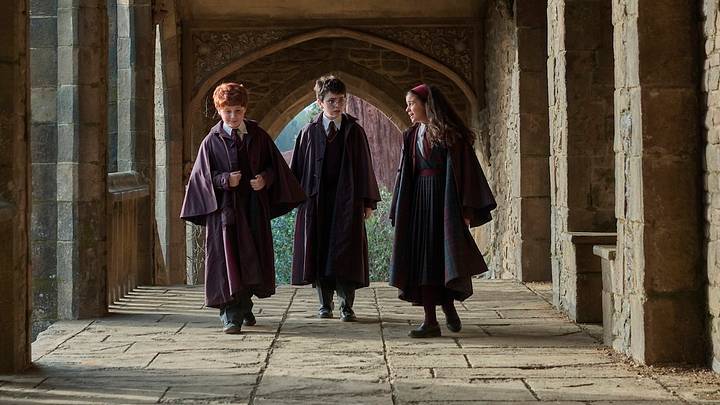 Alastair Stout (Ron Weasley), Dominic McLaughlin (Harry Potter), and Arabella Stanton (Hermione Granger) in Harry Potter and the Philosopher’s Stone. Photograph by Aidan Monaghan/HBO. Alastair Stout (Ron Weasley), Dominic McLaughlin (Harry Potter), and Arabella Stanton (Hermione Granger) in Harry Potter and the Philosopher’s Stone. Photograph by Aidan Monaghan/HBO.