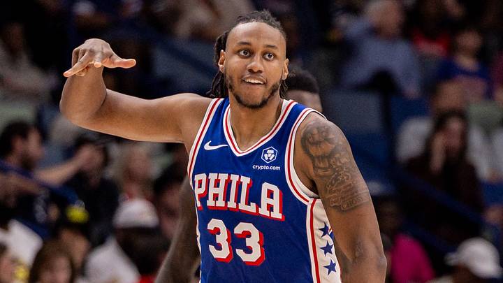 Philadelphia 76ers forward Jabari Walker (33) reacts to making a three point basket against the New Orleans Pelicans during the second half at Smoothie King Center on Feb 21, 2026. Philadelphia 76ers forward Jabari Walker (33) reacts to making a three point basket against the New Orleans Pelicans during the second half at Smoothie King Center on Feb 21, 2026.