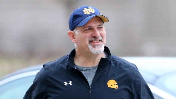 Notre Dame offensive line coach Joe Rudolph at Notre Dame spring football practice Thursday, March 7, 2024, at the Irish Athletics Center in South Bend.