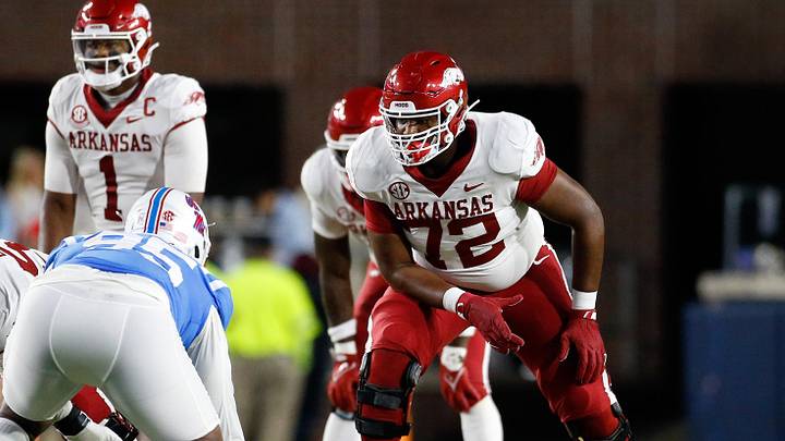 Oct 7, 2023; Oxford, Mississippi, USA; Arkansas Razorbacks offensive linemen Andrew Chamblee (72)