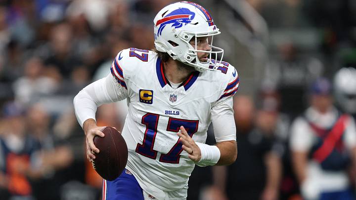 Buffalo Bills quarterback Josh Allen looks to throw in the first quarter against the Las Vegas Raiders at Allegiant Stadium. Buffalo Bills quarterback Josh Allen looks to throw in the first quarter against the Las Vegas Raiders at Allegiant Stadium.